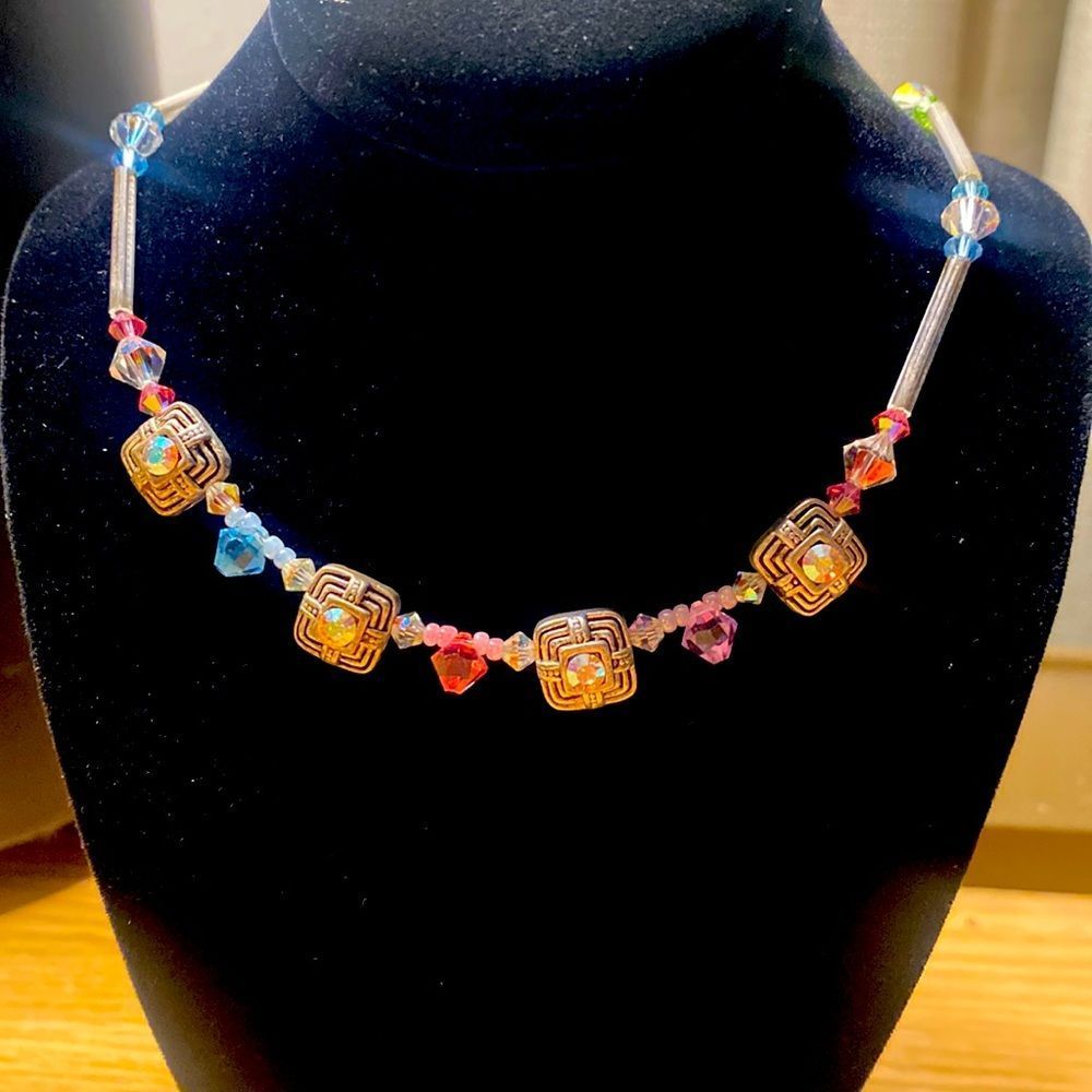 Vintage handmade crystal etched crystal faceted necklace collar bib